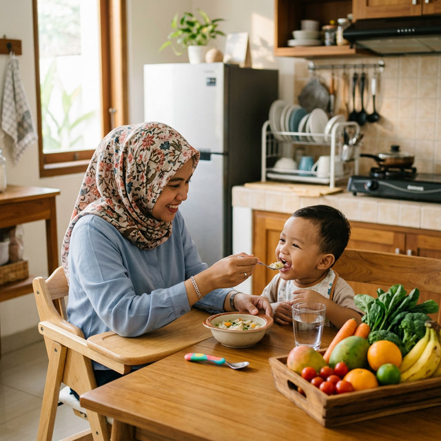 Ibu memberi makan anak dengan gizi seimbang