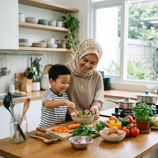 Ibu memasak bersama anak