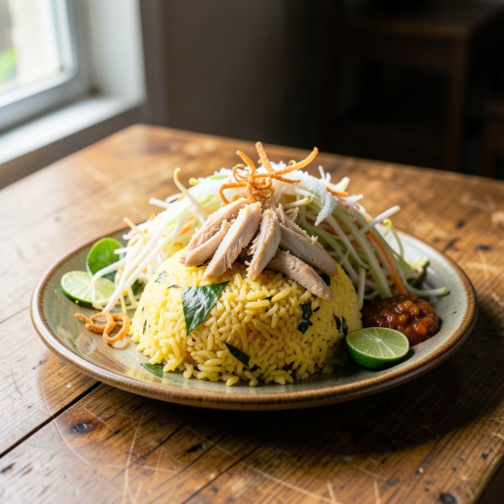Nasi Kuning Ayam Suwir Urap